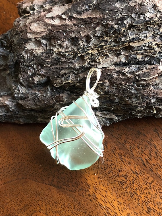 Sea Glass Pendant wire Wrapped Sea Glass silver Wire Wrapped Sea