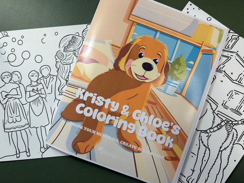 Może przedstawiać: Czarno-biała książka do kolorowania z psem na okładce. Książka nosi tytuł "Kristy & Chloe's Coloring Book" i zawiera tekst "Color your memories, create your story".