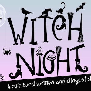 Peut inclure: Illustration en noir et blanc du texte "Witch Night" avec divers dingbats sur le thème d'Halloween, notamment un chat, une araignée, une chauve-souris, un chapeau de sorcière, un balai, une fiole de potion et un pentagramme. Le texte est dans un style mignon et écrit à la main.
