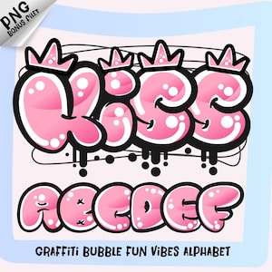 KISS グラフィティ バブル アルファベット PNG | かわいいピンクのフォント | A-Z と 0-9 の文字 | 子供、Tシャツ、工芸品用の透明な背景のクリップアート