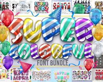 May include: A colorful font bundle with the words "SUPER COLORFUL FONT BUNDLE" in a balloon-like style. The letters are striped with various colors and have a shiny, reflective surface. The bundle includes a variety of fonts, including "XMAS", "SANTA", "JUNGLE", "NURSE", "EASTER BUNNY", "DAISY", and "SANTA CLAUS".