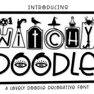 May include: Introducing Witchy Doodle, a black and white doodle decorative font. The font features a variety of whimsical illustrations, including a witch's hat, a broom, a spider, a cauldron, and a cross.