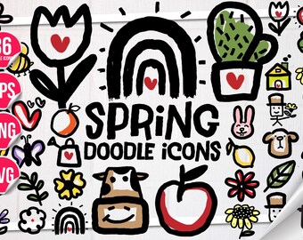 May include: A collection of 36 spring doodle icons in black, red, and yellow, including a rainbow, flowers, a cactus, and a cow. The words "SPRING DOODLE ICONS" are written in black. Includes EPS, PNG, and SVG file formats.