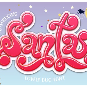 May include: Introducing Santa, a pink and white cursive font with a whimsical design. The font is set against a blue background with stars and a yellow moon. The text "Lovely Duo Font" is also included.