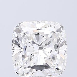 May include: A close-up of a cushion-cut diamond. The diamond is clear and colorless, with many facets that reflect light. The shape is square with rounded corners, and the overall appearance is brilliant and sparkling.