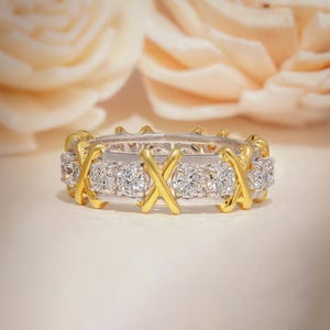 Lab Grown Diamond Anniversary Ring, Two Tone Wedding Band, 10K Solid Gold Diamond Band, XOXO Ring, Bridal Stackable Ring, Gift for Her