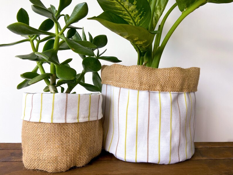 Striped Fabric Pot Cover Reversible Burlap Plant Bag Etsy