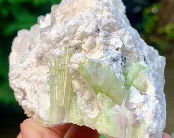 Cristal de turmalina verde sobre matriz de cuarzo – Ejemplar mineral de Pakistán