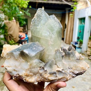 Large Dog Tooth Calcite Specimen: Natural Bi-Color Green Calcite Cluster