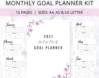 May include: A printable 2021 monthly goal planner kit with floral illustrations. The kit includes 15 pages and is available in A4, A5, and US Letter sizes.
