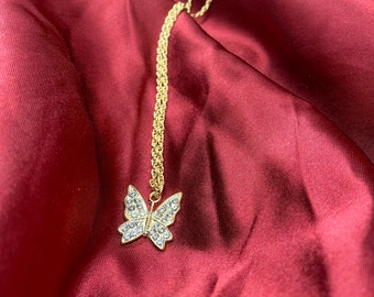 Gold Butterfly Pendant Necklace With Crystals
