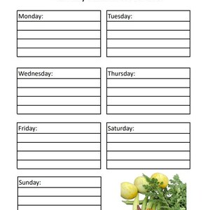 May include: A printable weekly garden to-do list with a blank space for each day of the week. The list is decorated with a colorful image of fresh vegetables and herbs.