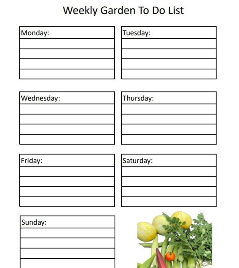 May include: A printable weekly garden to-do list with a blank space for each day of the week. The list is decorated with a colorful image of fresh vegetables and herbs.