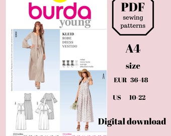 PDF BURDA DRESS 7224.  Summer robe dress 70s. Size 36-48