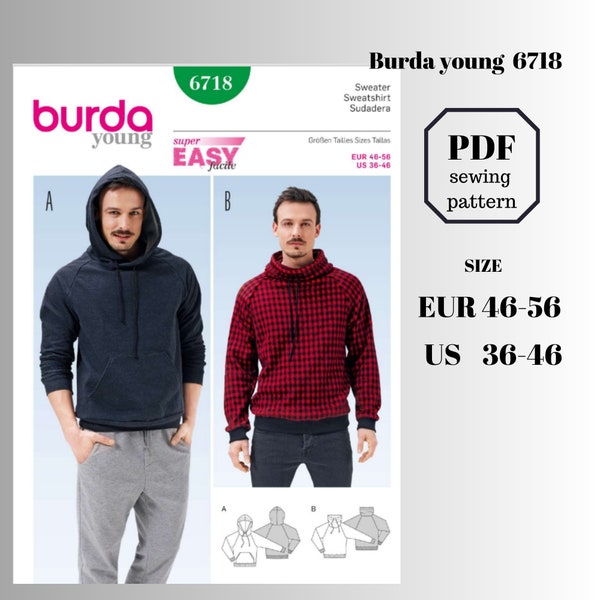 Men  Hoodie Burda Sewing Pattern 6718. Size Euro 46-56. US 36-46.