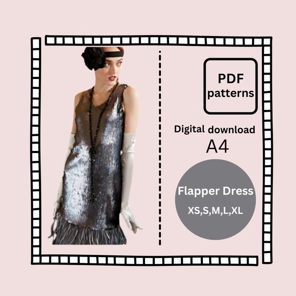 Flapper Dress printable, ready to use pattern. PDF size XS,S,M,L,XL no instructions.