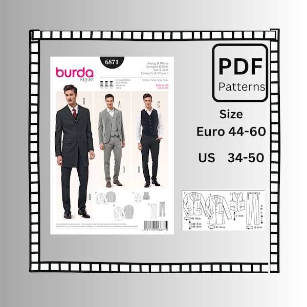 Burda 6871 Mens' Suit, Waistcoat and Frock Coat Pattern. Size Euro 44-60 US 34-50