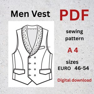 May include: Black and white line drawing of a vest pattern. The text "Men Vest PDF" is at the top, with "sewing pattern A4 sizes EURO 46-54 Digital download" below the vest illustration.