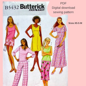 May include: A Butterick sewing pattern B5432 featuring illustrations of various sleepwear styles, including a pink tank top and shorts set, a yellow dress, a pink pajama set, and a floral print nightgown. The pattern is for sizes XS, S, and M.