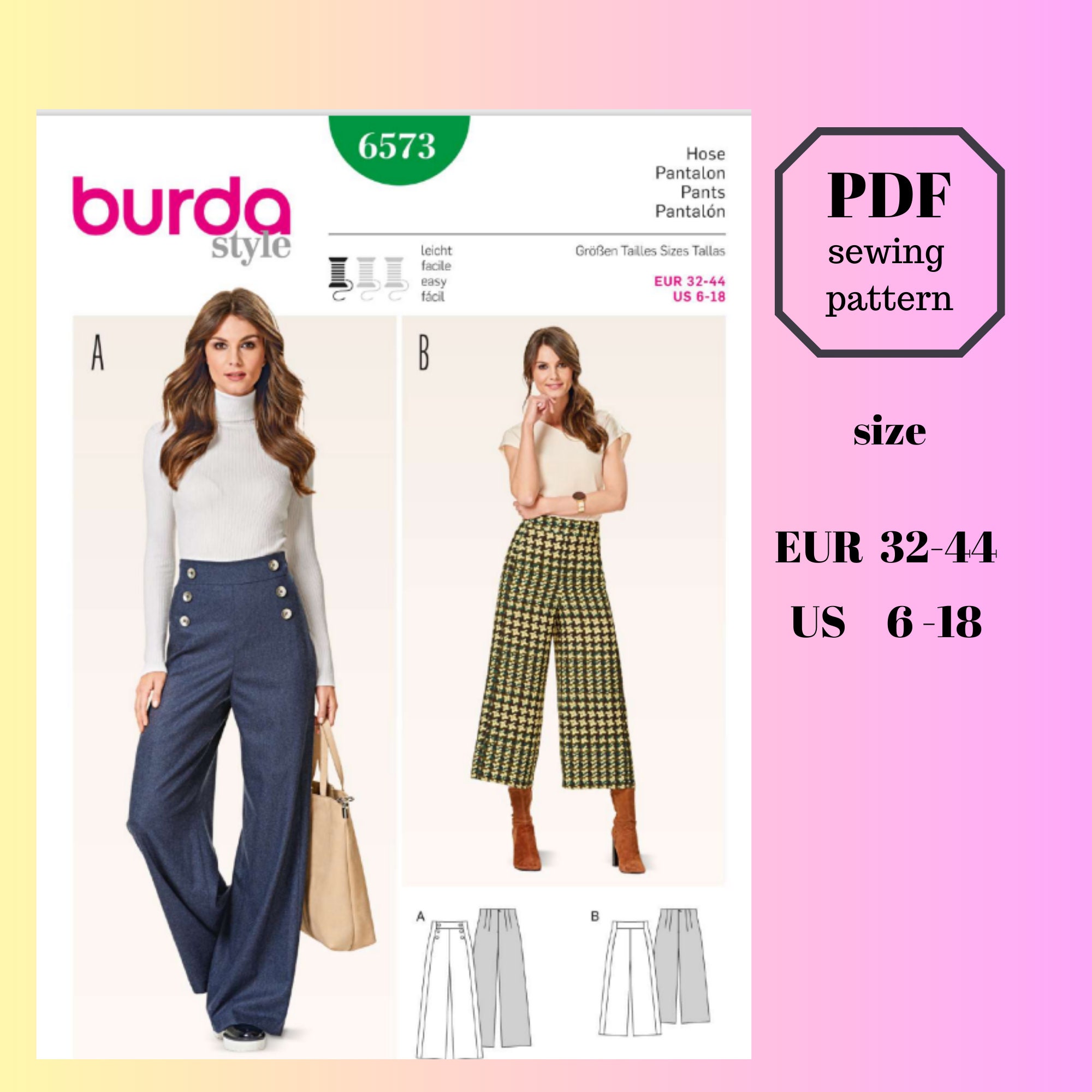 High waist wide leg pants PDF Digital download Burda Style Pattern 6573 Pants & Culotte . Misses' Pants, Sizes 6-8-10-12-14-16-18