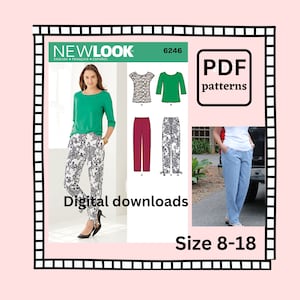 May include: A digital download pattern for pants and tops in sizes 8-18. The pattern includes a green top, a floral print top, red pants, and floral print pants. The pattern is from New Look and the pattern number is 6246.