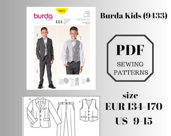 Burda Kids (9433)sewing pattern PDF.A three-piece suit for boys Sewing Pattern Evening Wear. Digital download