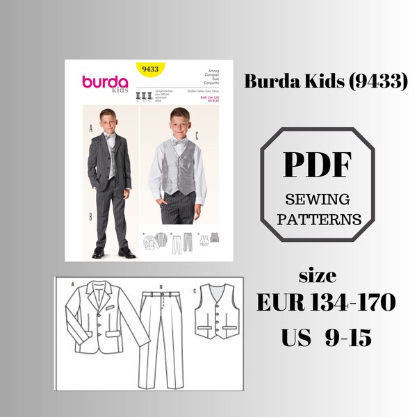 Burda Kids (9433)sewing pattern PDF.A three-piece suit for boys Sewing Pattern Evening Wear. Digital download