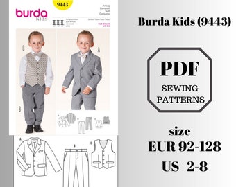 Patron de couture PDF Burda Kids 9443. Un costume trois pièces pour garçon. Téléchargement numérique