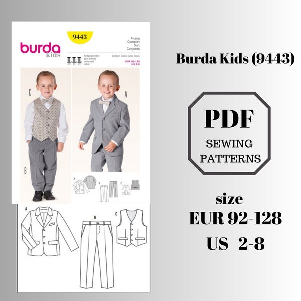 Patron de couture PDF Burda Kids 9443. Un costume trois pièces pour garçon. Téléchargement numérique