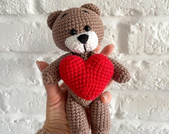 Valentine's teddy bear, Teddy bear with heart, Crochet teddy bear, Personalized gift for girlfriend boyfriend,Happy heart day gift