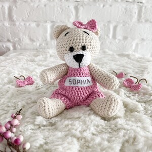 Netter gehäkelter Teddybär, Personalisieren Sie handgemachtes Bärenspielzeug, Gender-Partydekor, Geschenk für neue Mutter, neugeborene Teddybärminiatur