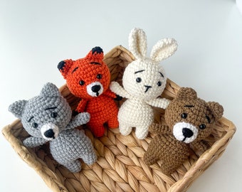 Bear, Bunny, Fox, Wolf woodland animals, Baby nursery decor, Woodland baby shower favors,  Small crochet animals