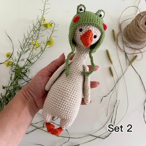 Cute Goose plush, Crochet Goose in a frog chick cap hat, Goose in overalls, Farmhouse decor, First birthday boy gift, Set 2