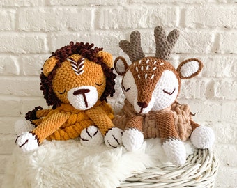 Big plush lion and deer, Cute handmade plush pajamas bag, Big crochet toy for kids, Gift for boy girl, 1st birthday gifts