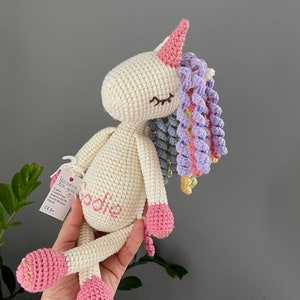 Crochet rainbow unicorn, Personalized plush unicorn doll, Handmade amigurumi unicorn, Girl nursery decor, Unicorn baby shower, birthday gift