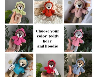 Crochet teddy bear in hoodie, Gender announcement teddy bear, Teddy bear baby shower gift, Mom to be box,