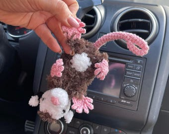 Opossum plush car accessories, Crochet opossum rear view mirror charm, Car interior, Dashboard decor, Gift for women, girlfriend