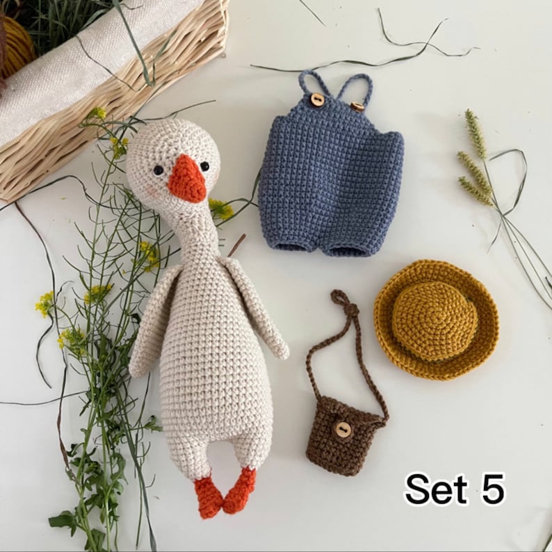 Cute Goose plush, Crochet Goose in a frog chick cap hat, Goose in overalls, Farmhouse decor, First birthday boy gift, Set 5