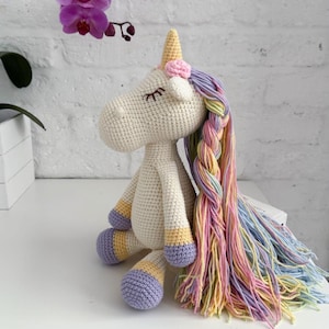 Crochet unicorn with long rainbow mane, Stuffed handmade unicorn doll, Personalized plush amigurumi unicorn toy, Birthday gift for girl