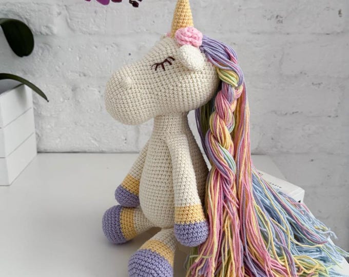 Crochet unicorn with long rainbow mane, Stuffed handmade unicorn doll, Personalized plush amigurumi unicorn toy, Birthday gift for girl