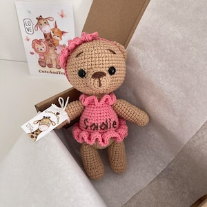 Gehaakte teddybeer in roze jurk, gevulde teddybeer amigurumi, handgemaakte pluche beer, decor meisje babyshower, cadeau pasgeboren babymeisje,
