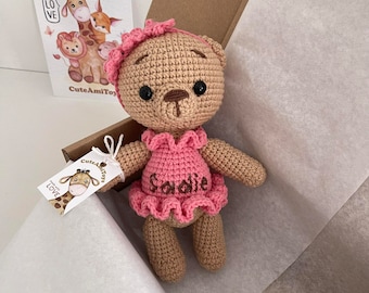 Crochet teddy bear in pink dress, Amigurumi stuffed teddy bear, Handmade plush bear, Girl baby shower decor, Newborn babygirl gift,