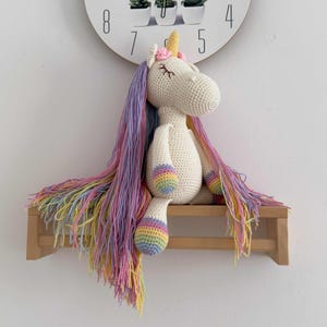 Rainbow crochet unicorn with long mane, Stuffed handmade unicorn doll, Personalized plush amigurumi unicorn toy, Birthday gift for girl