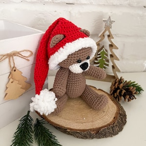 Christmas teddy bear stuffed, Crochet bear in a Christmas hat, Cute teddy bear plusnie, Brown bear in a red hat, First Christmas gift