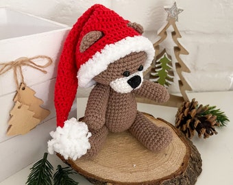 Christmas teddy bear stuffed, Crochet bear in a Christmas hat, Cute teddy bear plusnie, Brown bear in a red hat, First Christmas gift