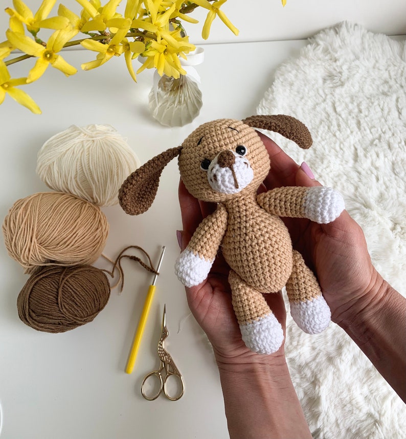 Crochet stuffed dog, Baby dog toy, Handmade home animal, Knitting dog, First Birthday Gift Beige / white