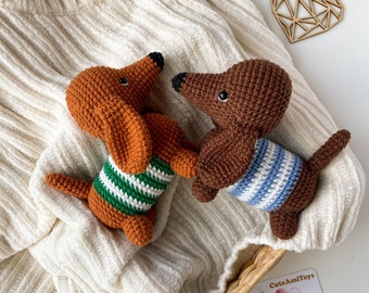 Peluche teckel au crochet, mignon petit chien, teckel marron, rouge, animal au crochet fait maison, jouet pour amoureux des chiens, peluche pour chiot, décoration de baby shower pour chien