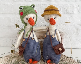 Cute Goose plush, Crochet Goose in a frog chick cap hat, Goose in overalls, Farmhouse decor, First birthday boy gift,