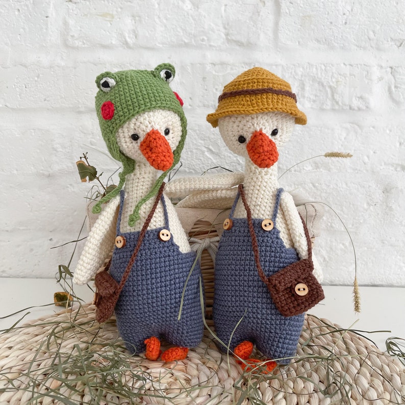 Cute Goose plush, Crochet Goose in a frog chick cap hat, Goose in overalls, Farmhouse decor, First birthday boy gift, image 1