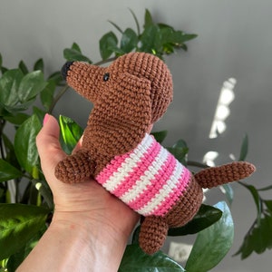 Dachshund plush crochet, Cute little dog, Brown, red dachshund, Home crochet animal, Dog lover toy, Puppy plusnie, Dog baby shower decor Pink/white